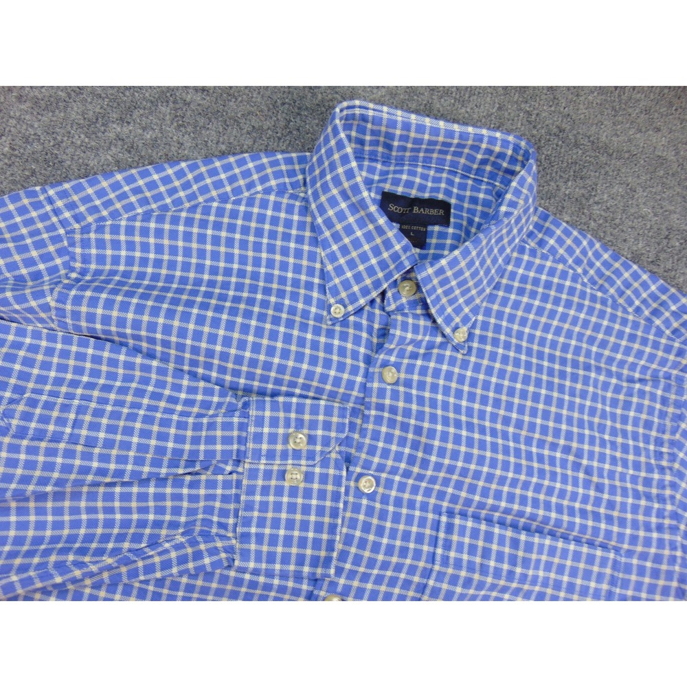 Scott Barber Shirt Mens Large Button Down Blue Check Cotton Preppy Classic